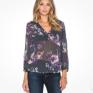 JOIE Axcel Silk Gray Pink Purple Abstract Floral Print Smocked Sheer Blouse - S